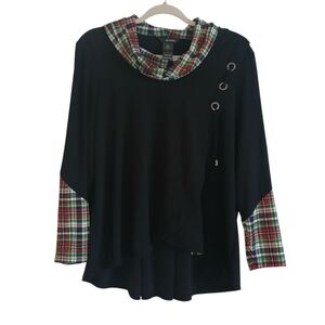 ALI MILES Funnel Neck Tunic Top Women's PL Plaid Grommets Layered Look Drapey